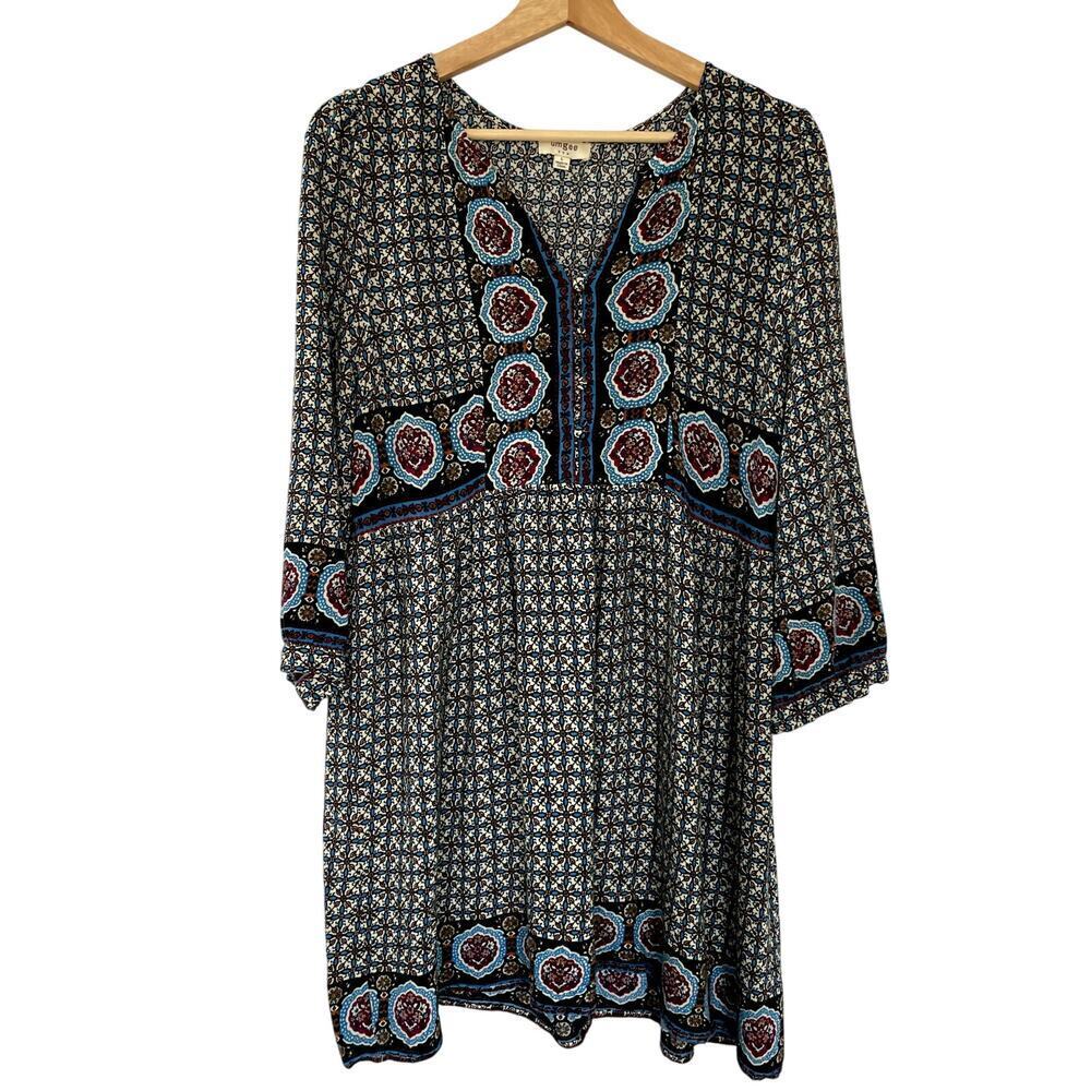 Umgee USA blue patterned flowy bell sleeves midi length dress women's L v-neck